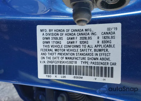 2019 Honda Civic Sport z USA, uszkodzony, nr VIN 2HGFC2F85KH538218